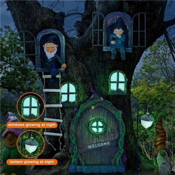7 Pcs Fairy Garden Accessories Tree Hugger Gnome Statue Fairy Door Window Set - Picture 6 of 8